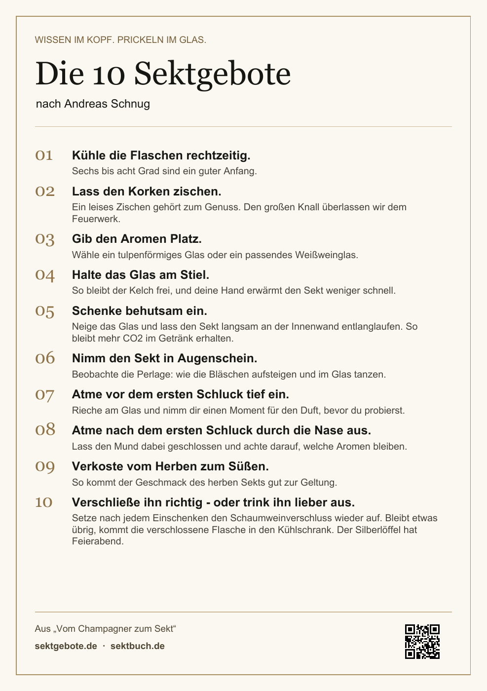 Vorschau der cremefarbenen Karte mit allen zehn Sektgeboten